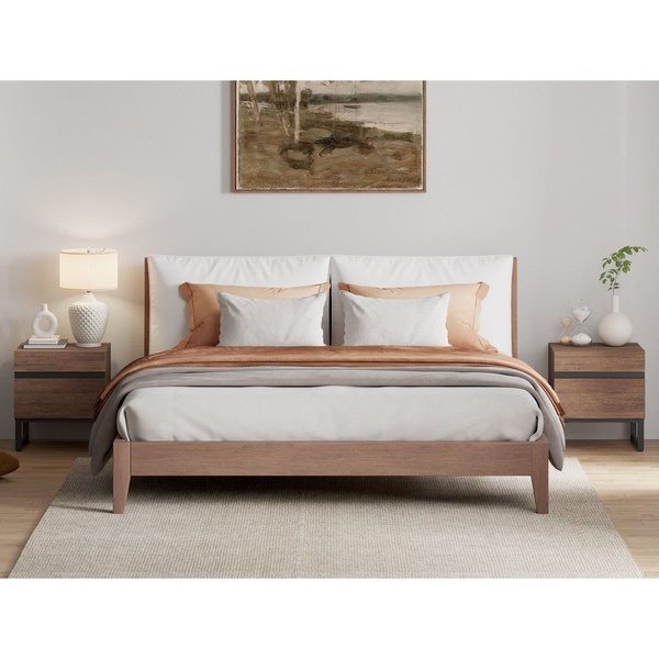 bed frame, platform bed, wooden bed, upholstered bed, bedroom furniture, product demo, lifestyle, calm, trustworthy, neutral, brown